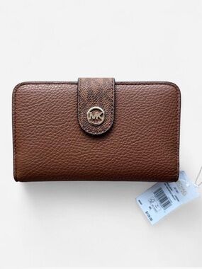Michael Kors Brown Pebbled Leather Continental Wallet with MK Logo